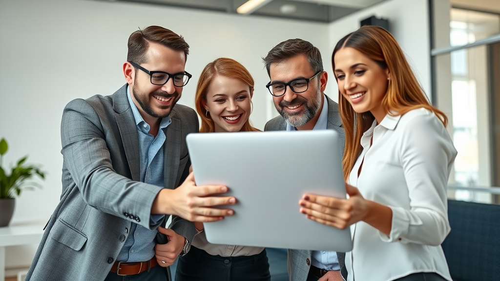 Modern business team reviewing social media advertising strategy in Farmington Hills, web design and digital marketing experts collaborating in a bright office.