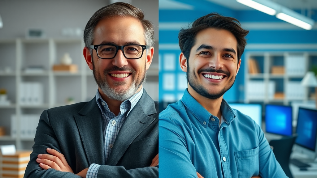 Small business website redesign Farmington Hills: before and after with happy business owner and new vibrant workspace