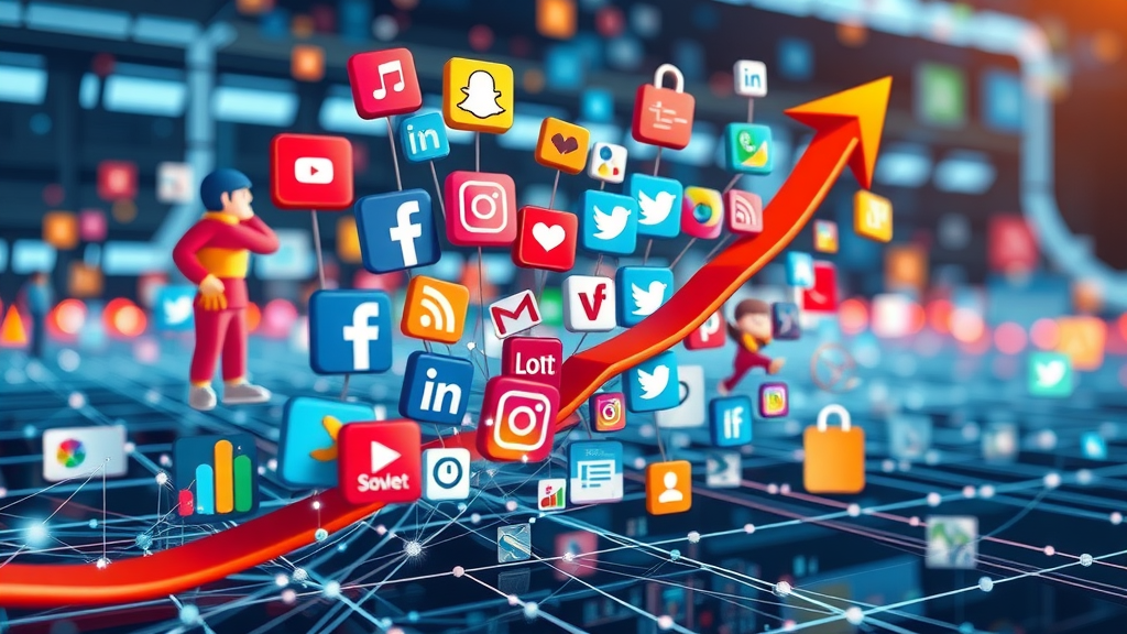 dynamic social media icons converging into an upward graph, Social Media ROI upward trend