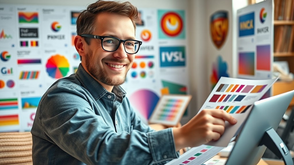 Brand designer applying vibrant brand colors and logos to social media templates