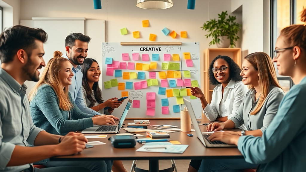social media marketing in Farmington Hills - dynamic team brainstorming around creative campaign board, animated professionals exchanging ideas in cozy meeting room
