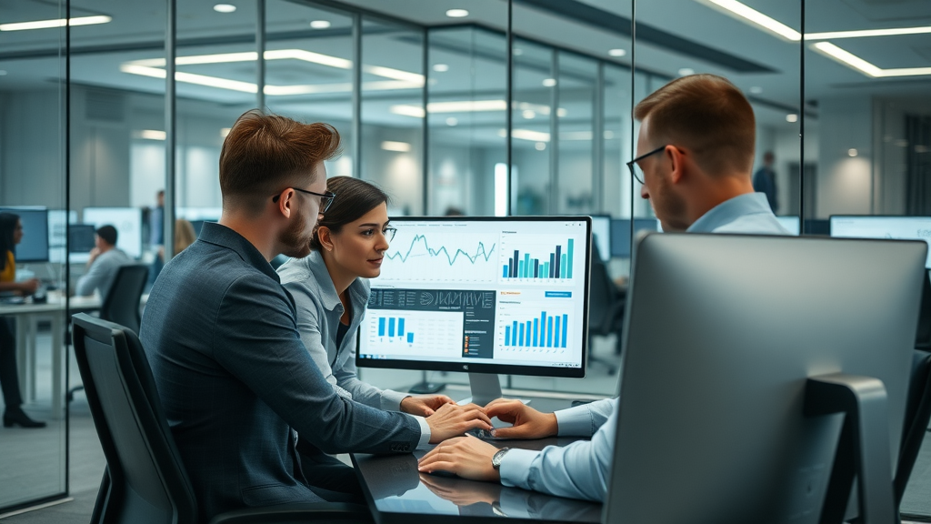 professional marketers in a modern West Bloomfield office analyzing digital marketing campaign analytics