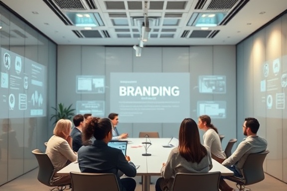 innovative branding strategy, contemplative, planning, photorealistic, modern meeting room with brainstorming sessions, highly detailed, projected holograms, slight vignette, pastel palette, soft studio lighting, shot with a telephoto lens.