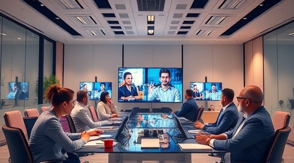 effective omnichannel communication, clear, enhancing user engagement, photorealistic, conference room with multi-device connectivity and virtual assistants, highly detailed, professionals engaging in video calls, synchronized technology, pastel colors, soft-focus lighting, shot with a 70mm lens.