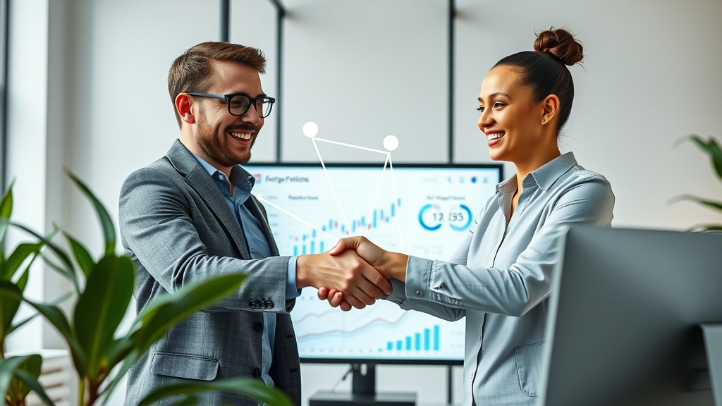 partnership team celebrating affiliate marketing strategy success in a digital office