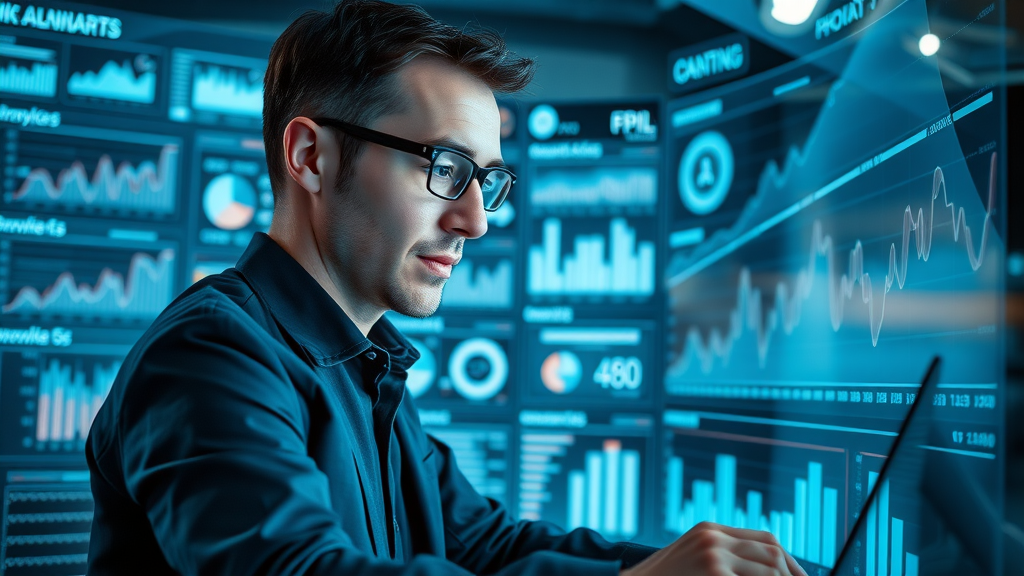 Digital analyst reviewing social media analytics dashboard with KPIs