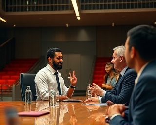empowerment leadership, motivational smile, encouraging a team, photorealistic, a boardroom filled with diverse individuals discussing a project, highly detailed, expressive gestures, engaged atmosphere, warm hues, overhead lighting, shot with a 35mm lens.