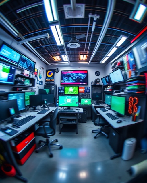 dynamic digital branding, thoughtful, evolving, photorealistic, creative studio filled with technology, highly detailed, flowing lines and digital animations, motion blur, bold primary colors, spotlighting, shot with a fisheye lens.
