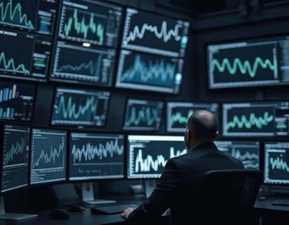 analytical reputation analytics, focused, analyzing multiple screens, photorealistic, tech lab with multiple screens and graphs, highly detailed, real-time data flow animations, f/4, deep depth of field, monochrome palette, diffused lighting, shot with a 24mm lens.