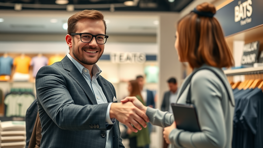 Business professional and customer shaking hands over branded merchandise