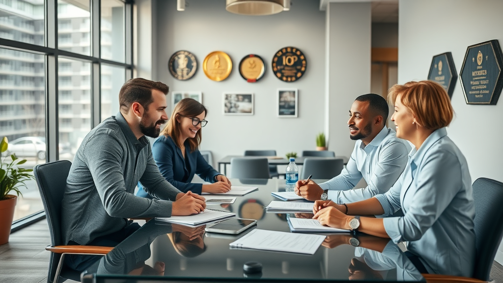 professional marketing agency team meeting with a local Farmington Hills business owner, collaborative spirit, stylish office, community awards, friendly interaction