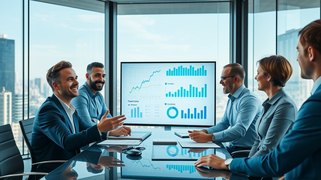 business analyst team discussing user experience optimization metrics and KPIs, corporate meeting room with display charts