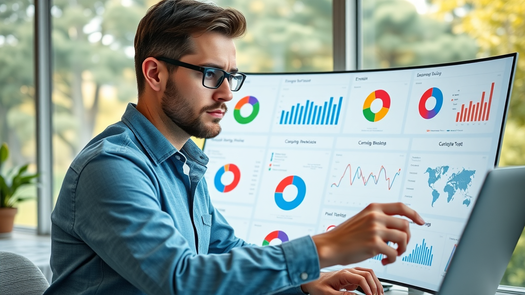 email marketing in Farmington Hills - marketer analyzing engaging campaign dashboard with colorful graphs and email templates in modern workspace