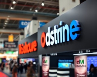 distinct brand identity, assertive, defining, photorealistic, bustling trade show with banners, highly detailed, immersive 3D logos, dynamic depth of field, contrasting hues, directed ambient light, shot with a macro lens.