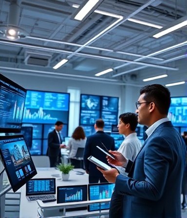 efficient omnichannel approach, adaptive, optimizing cross-platform experiences, photorealistic, a bustling office space with smart screens and tablets, highly detailed, employees analyzing data, futuristic interface, clean colors, natural lighting, shot with a 24mm lens.