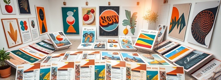 creative branding materials, joyful, arranging print samples, photorealistic, design studio with colorful posters, highly detailed, spread out artworks, superfine resolution, pastel colors with warm accents, diffused natural light, shot with a 24mm lens.