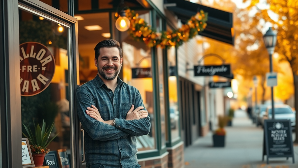 Small business website design in Farmington Hills: welcoming business storefront with proud owner, autumn on Main Street.