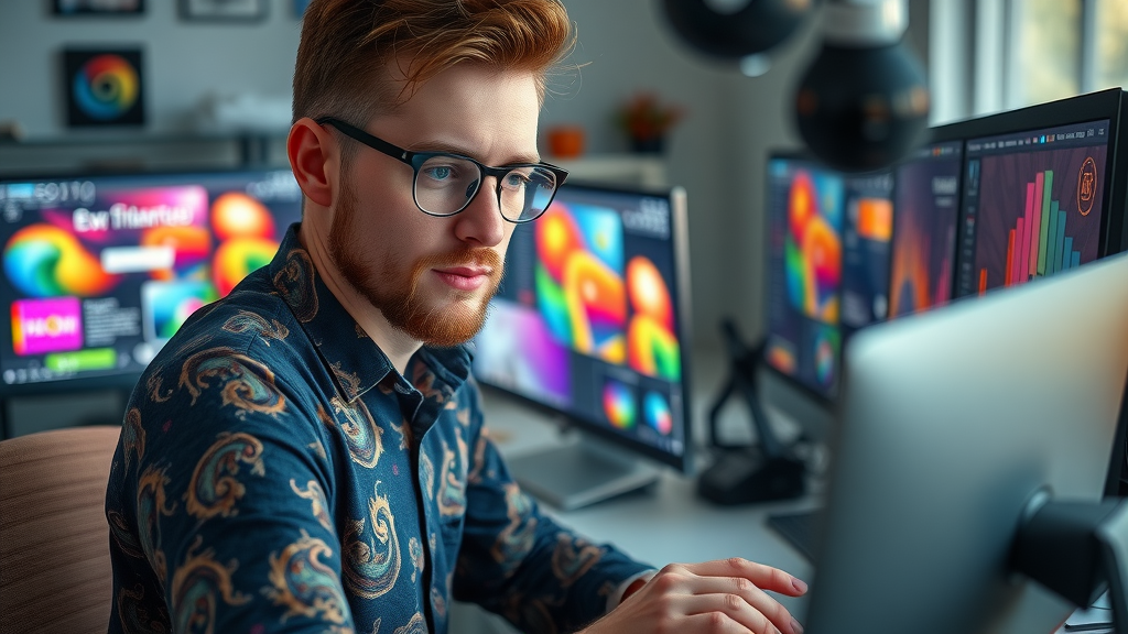 creative graphic designer working on vibrant web graphics, content marketing for small business in Farmington Hills, design studio, highly detailed