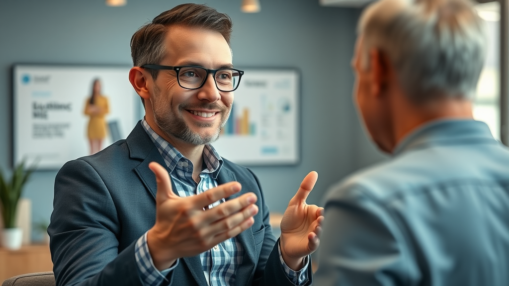Farmington Hills digital marketing expert offering consultation to a small business owner about social media advertising strategies and web design.