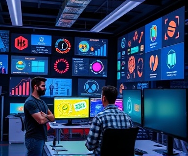 dynamic branding icons, intrigued, developing digital symbols, photorealistic, tech workspace filled with computer screens, highly detailed, animated discussions among team members, digital clarity, vivid contrasting colors, focused LED illumination, shot with a 85mm lens.