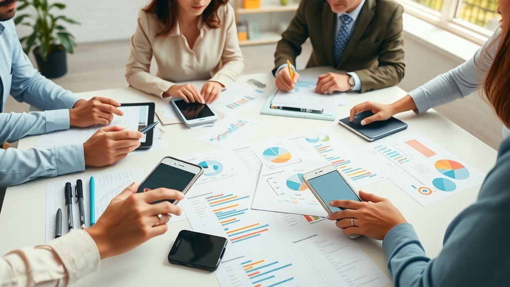 organized step-by-step marketing plan laid out on a table, hands of professionals planning, Farmington Hills office, digital devices and color-coded charts, highly detailed