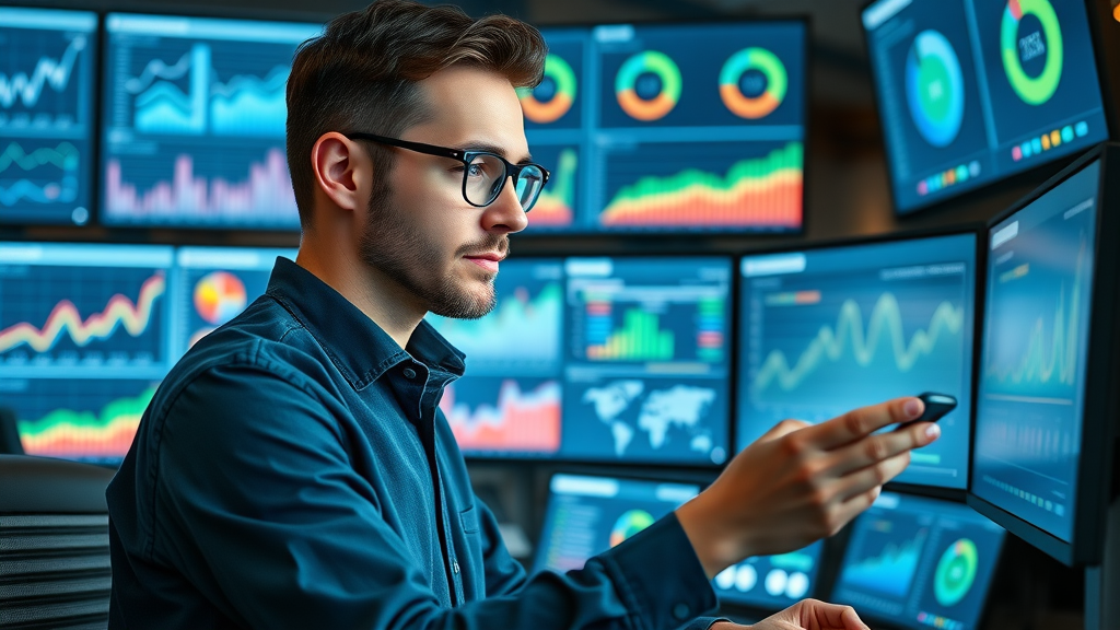 Marketer analyzing real-time social media analytics dashboards to refine business strategy