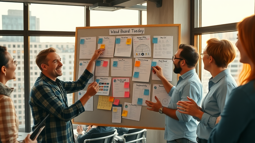 Motivated small business team brainstorming brand awareness strategies with social logos