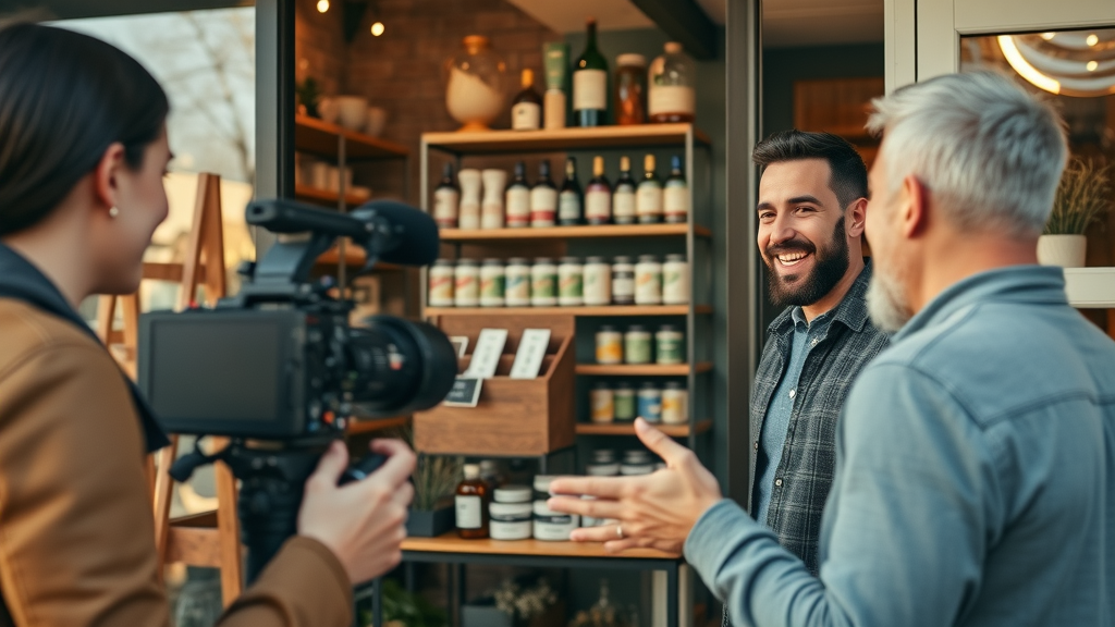 Content creation in Farmington Hills; team filming engaging business owner story in local storefront