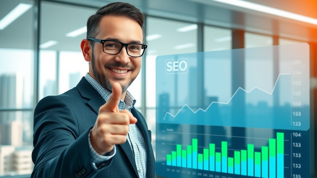SEO services in Farmington Hills: Business owner pointing at rising search engine graph in bright office