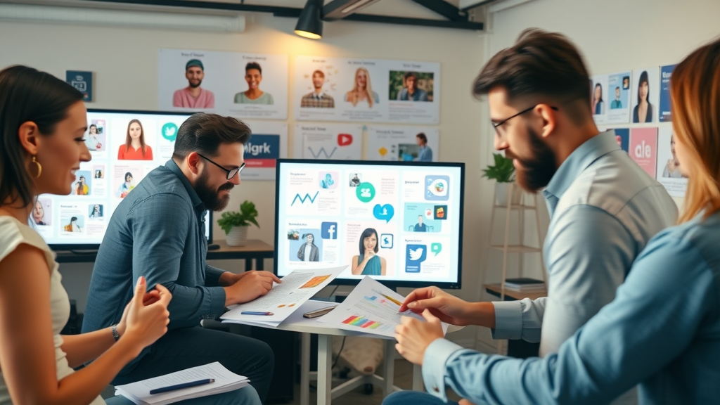 Creative marketing team designing social media posts for multiple platforms