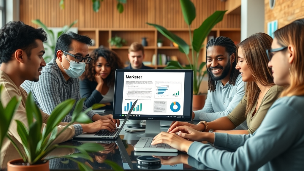Group of diverse content marketers collaborating on a Google Docs project in a bright open office