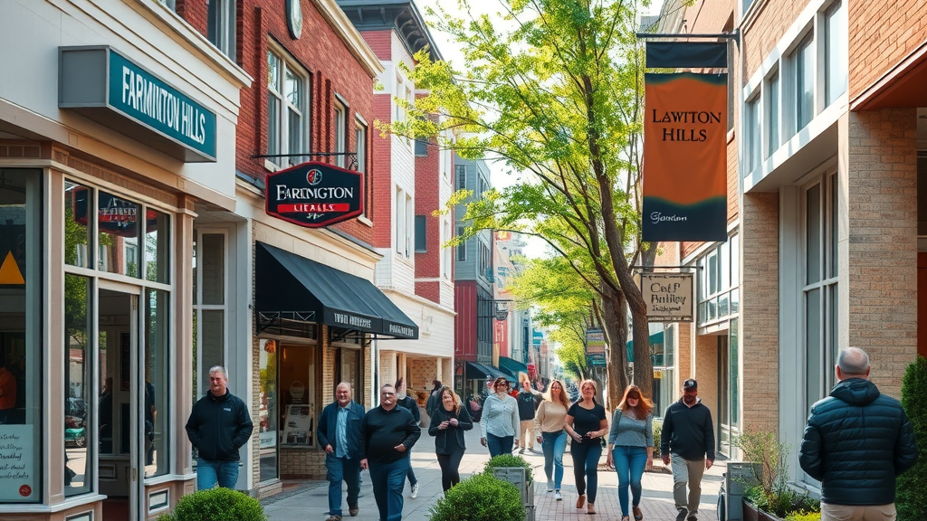 local SEO techniques in Farmington Hills vibrant downtown scene with local businesses and bustling foot traffic
