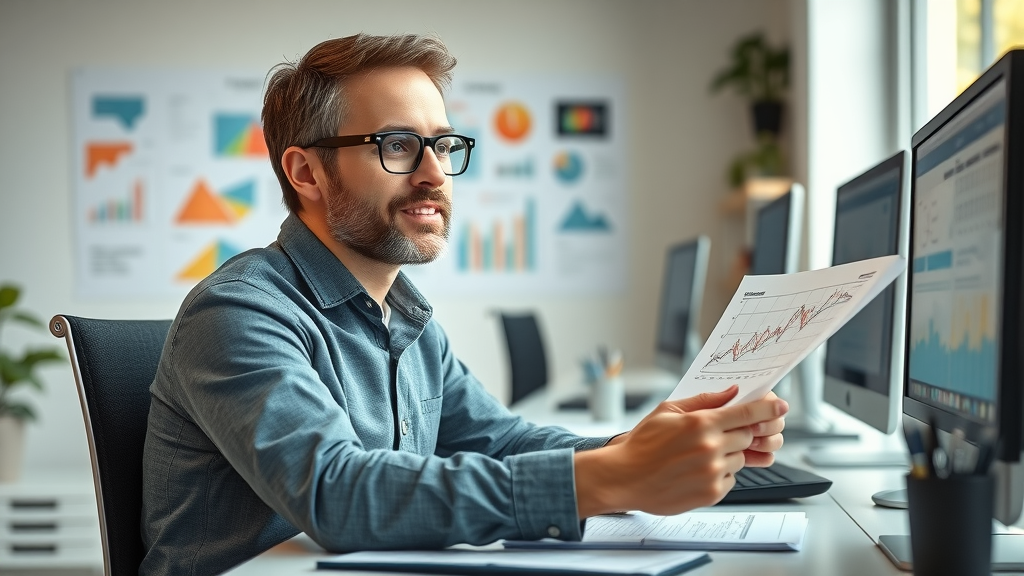 inspired business owner reviewing content marketing strategy charts, content marketing for small business in Farmington Hills, social media icons, modern small office, optimistic