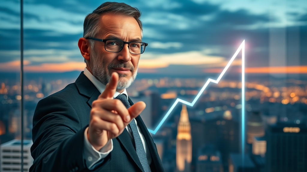 visionary business leader inspiring team towards digital marketing growth with upward trending graph