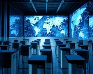 cutting-edge branding integration, innovative, evolving, photorealistic, tech startup office with interactive walls, highly detailed, seamless integration of AR elements, high-definition clarity, sleek metallic colors, studio spotlight, shot with an ultra-wide lens.