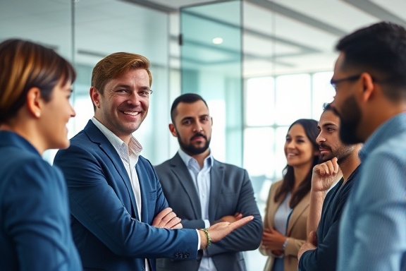 innovative CMO leadership, confident, leading a team, photorealistic, modern office space with glass walls, highly detailed, collaborative dynamics, smooth gradients, cool tones, natural daylight, shot with a 35mm lens.