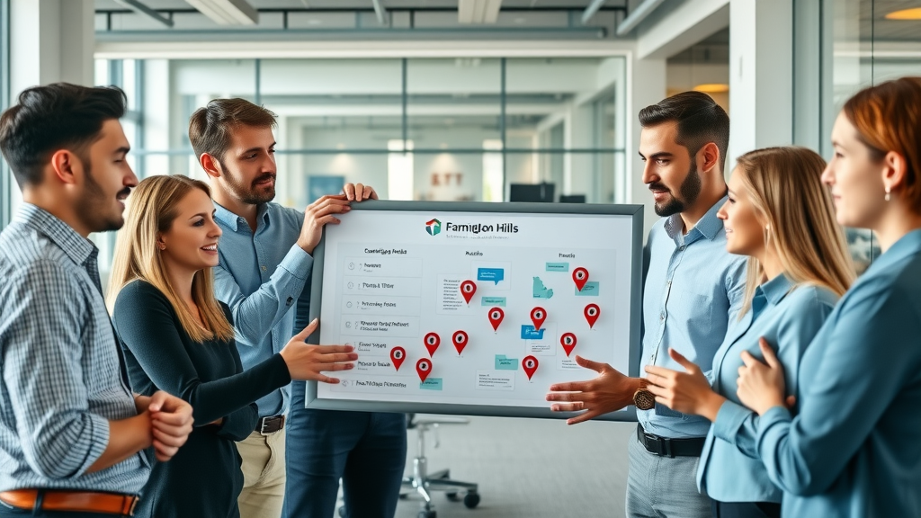 modern marketing team collaborating in a bright office, discussing digital marketing strategy with Farmington Hills location pins, contemporary Michigan-themed workspace