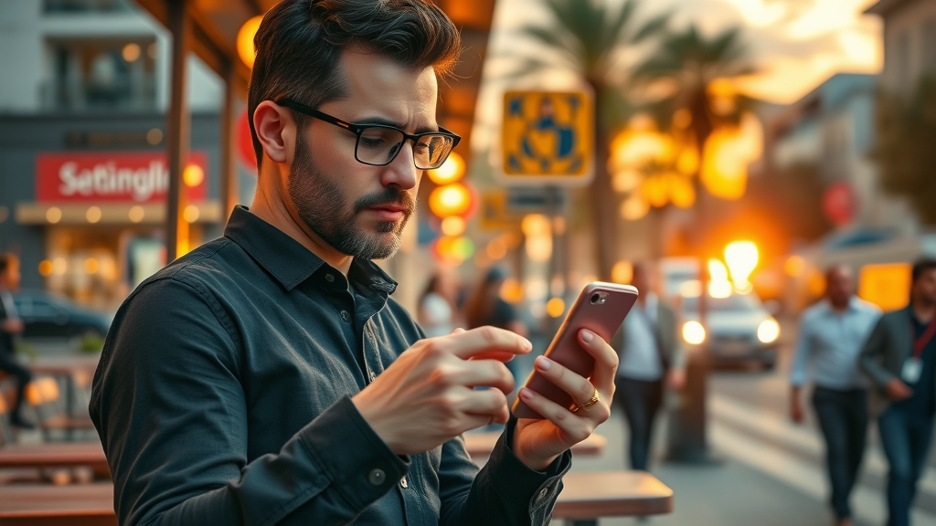 content creation tips - inspiring creator posting on smartphone in city during golden hour sunset