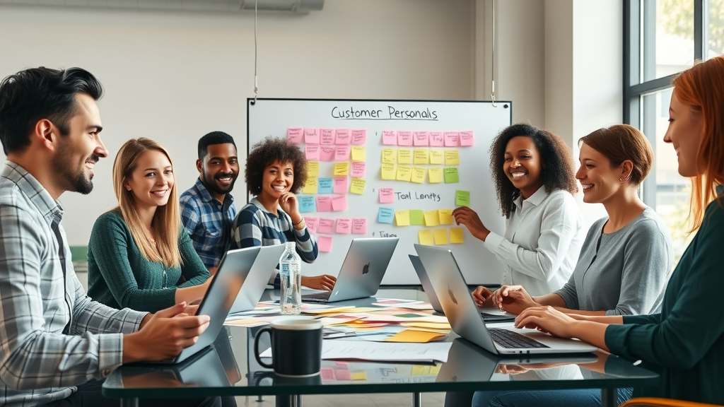 diverse team building website marketing strategies by creating target audience personas in modern workspace