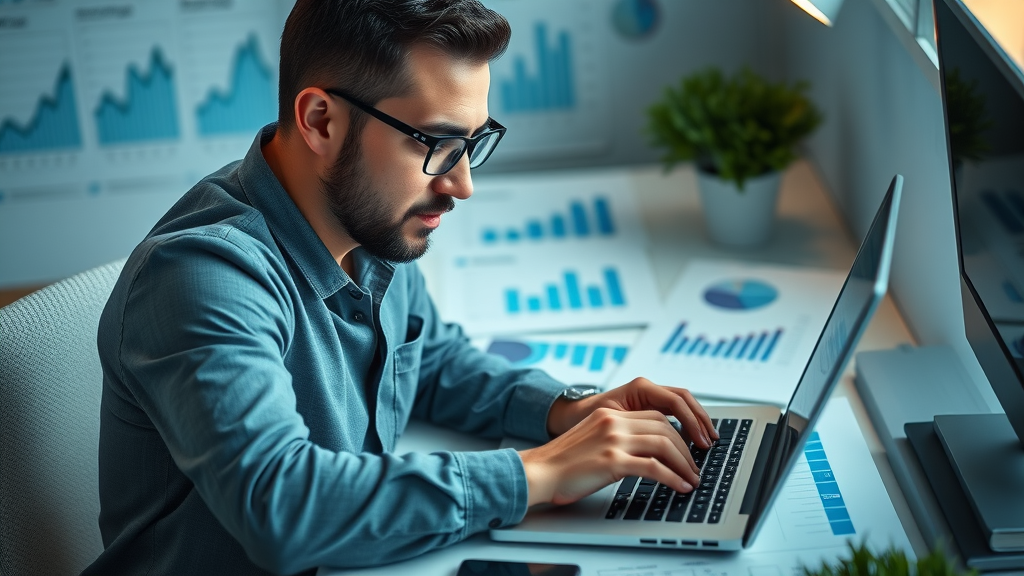 Focused marketer improving SEO strategy with SEMrush, data charts and competitor analysis on screen