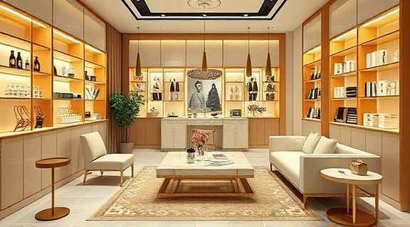 chic branding design, elegant, examining packaging ideas, photorealistic, stylish boutique office with designer furniture, highly detailed, illustrative elements displayed, ultra-high-resolution, gold and cream shades, soft spotlighting, shot with a tilt-shift lens.