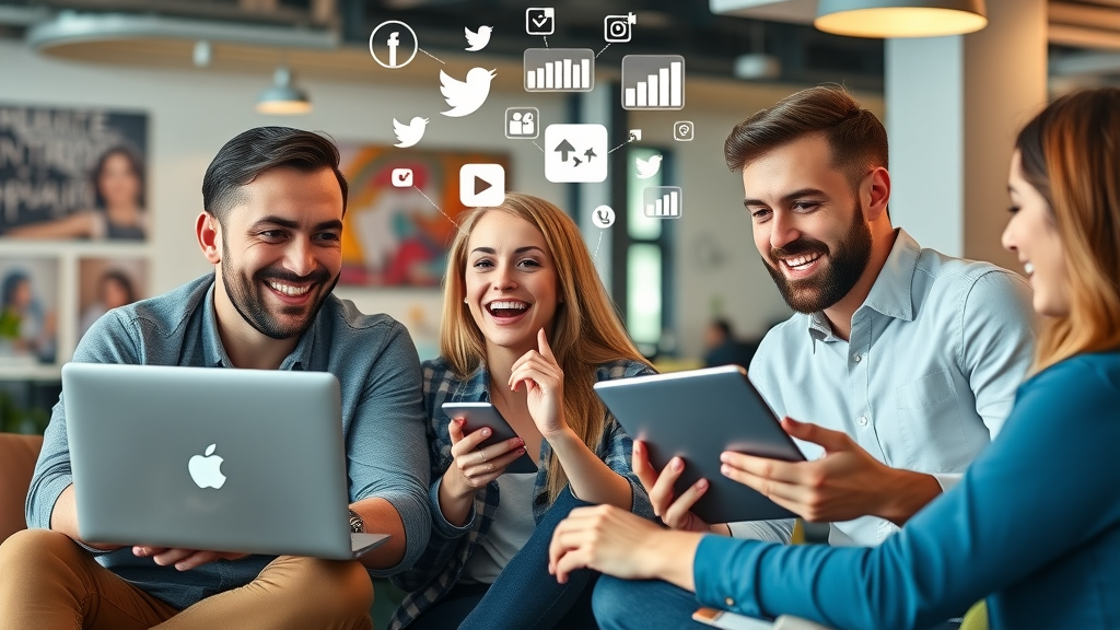 Dynamic digital marketers collaborating in a modern office with social media icons