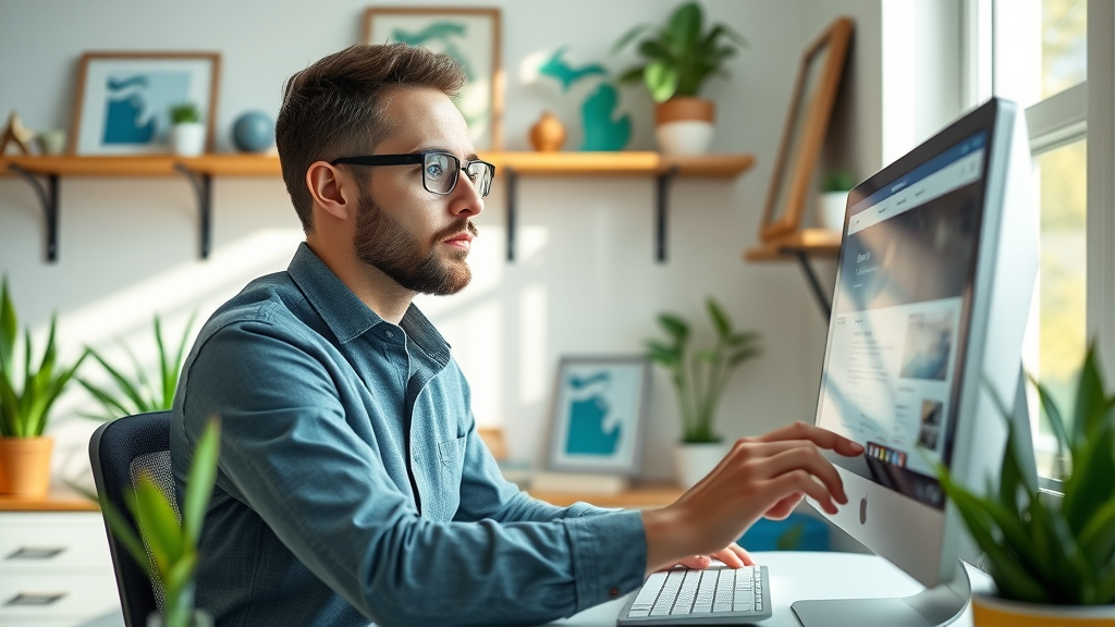 focused marketer at a computer optimizing a Farmington Hills business for local SEO, adjusting Google My Business and Facebook Ad settings, bright home office with Michigan memorabilia