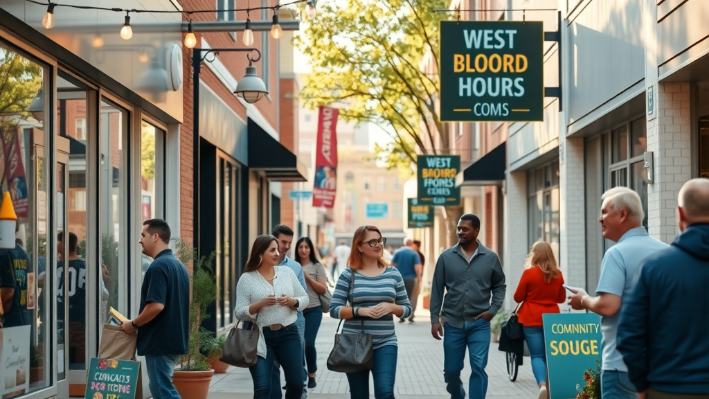 Vibrant small business district in West Bloomfield, bustling with business owners and customers - digital marketing for small businesses in West Bloomfield