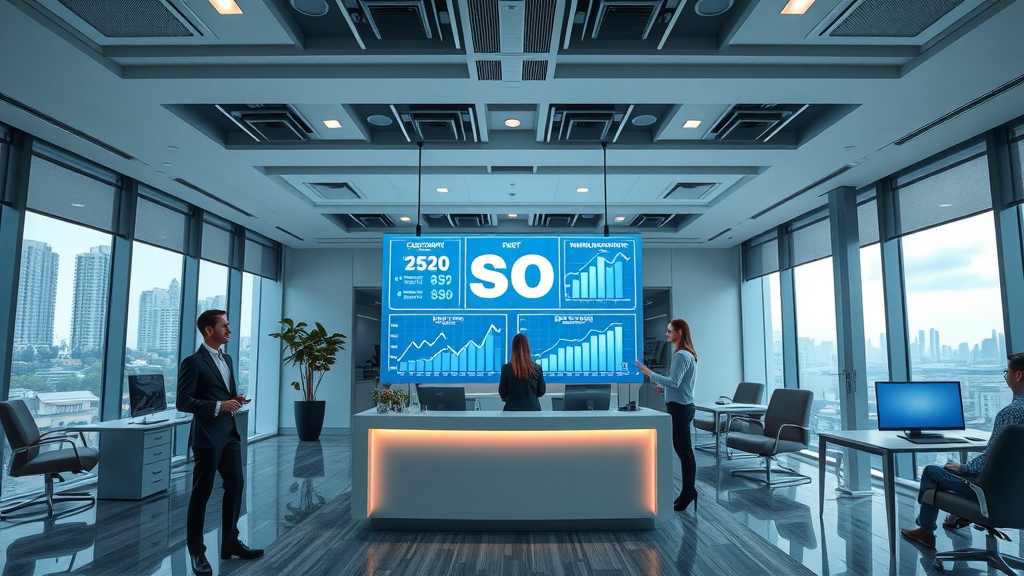 impressive office interior of a Farmington Hills digital marketing agency, interactive SEO metrics dashboard for SEO for small business in Farmington Hills