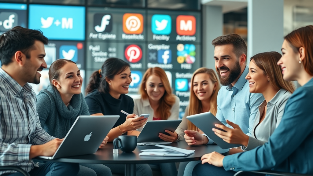 dynamic team of marketers discussing social media engagement techniques in a modern office with digital screens and social media logos