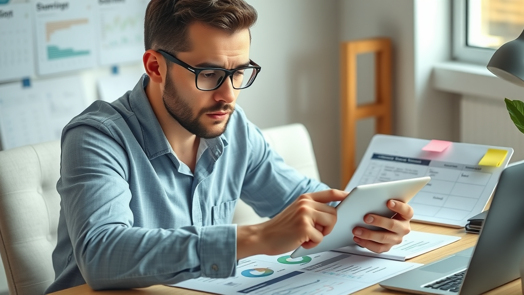 Thoughtful marketing strategist evaluating marketing tool options on a tablet with feature charts