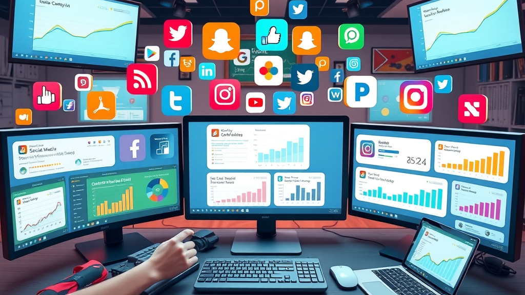 montage of top social media ROI tools on screens, Top Social Media ROI tools in action