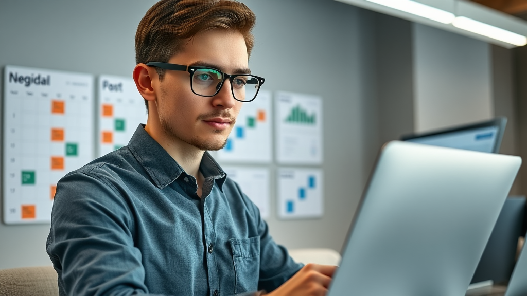 Young marketing manager using Buffer dashboard for social media management and scheduling in a modern office