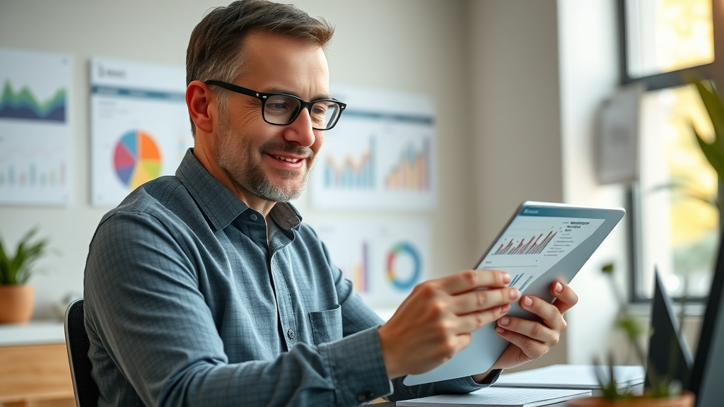 insightful business owner analyzing marketing analytics on a tablet, colorful graphs reflecting Farmington Hills data, modern office with Michigan keepsakes